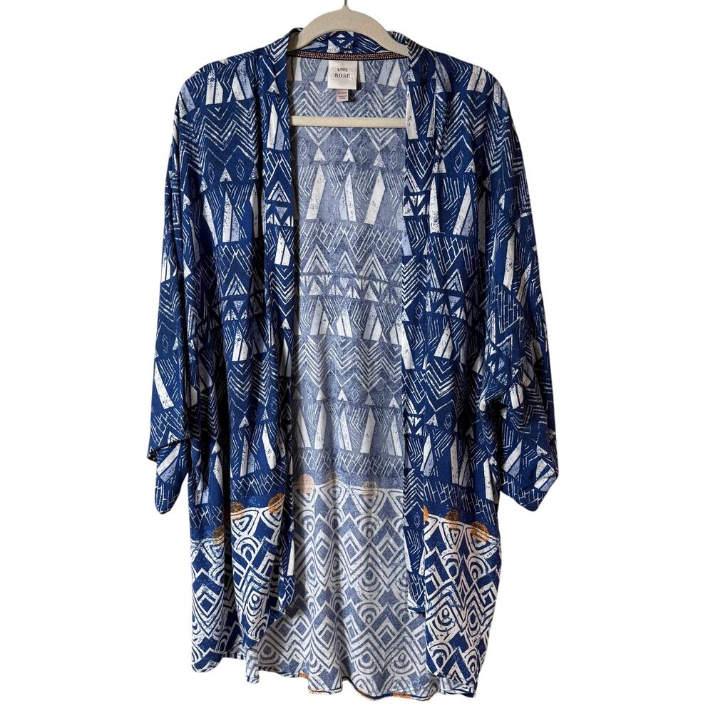 Knox Rose Surfs Up Kimono SZ XL/XXL Open 3/4 Sleeve Rayon Blue White Tribal